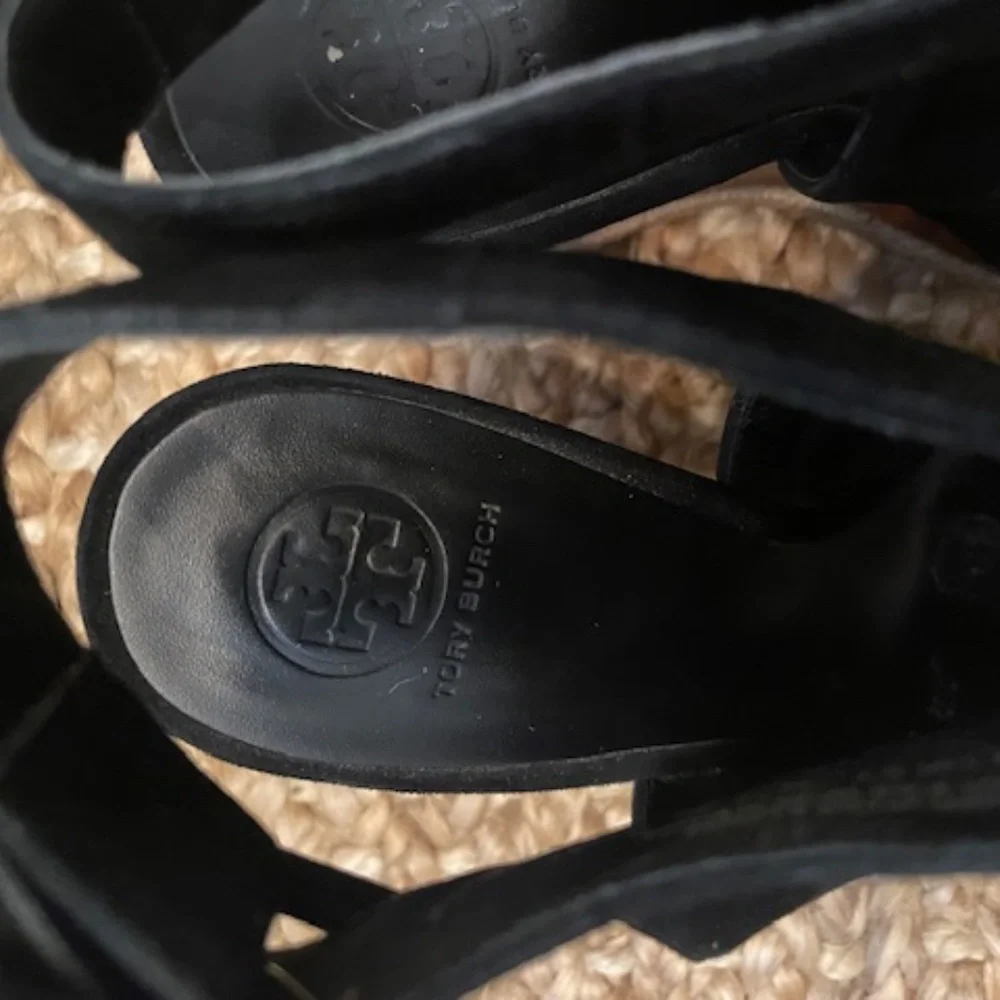 Black Suede Wedge Sandal with Wood-Effect Heel